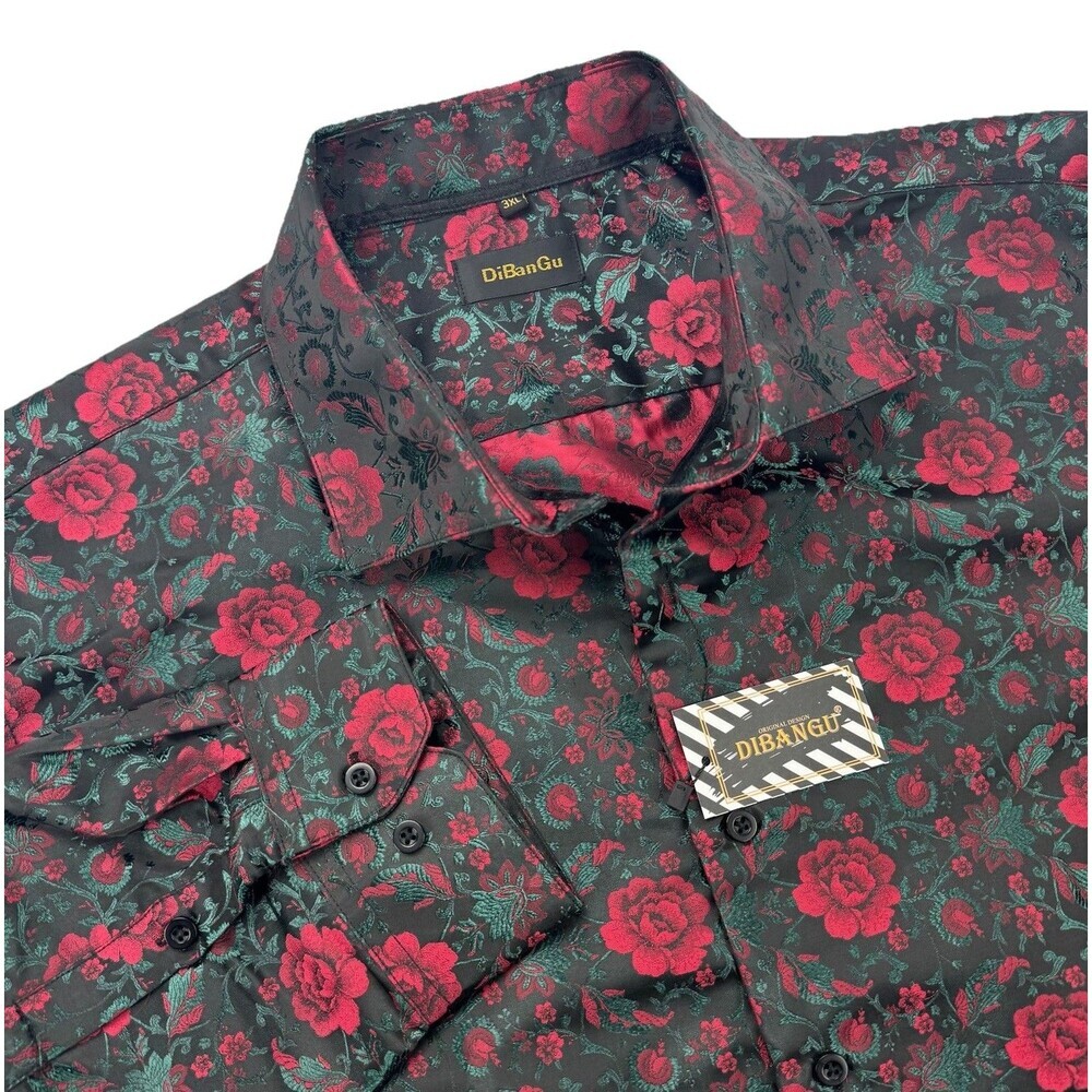 DiBanGu 3XL Green Red Floral Dress Shirt Satin Shiny Long Sleeve Party Holiday